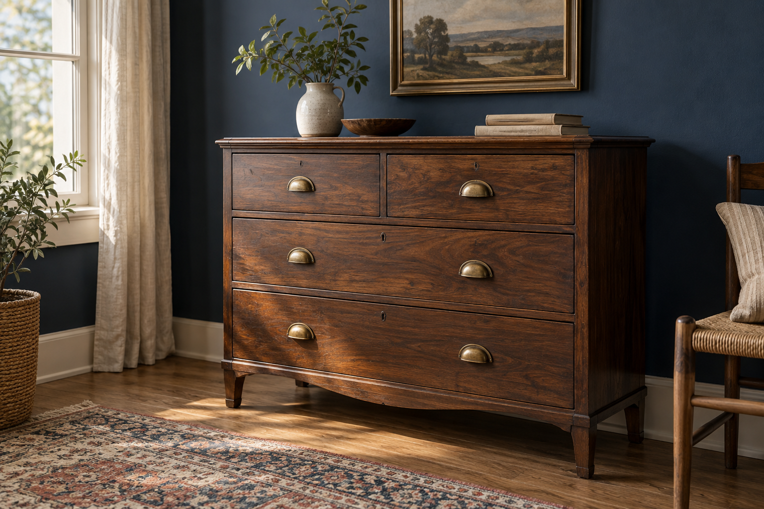 A walnut dresser styled in a sunlit home